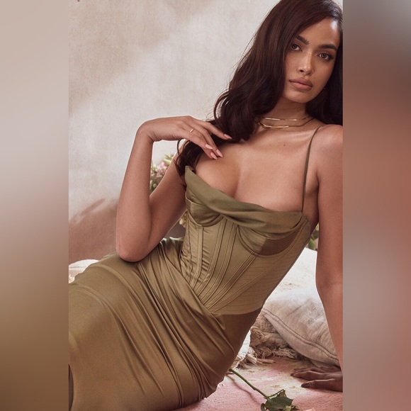 House of CB Myrna Slip Dress Corset Olive Green Size Small - Picture 15 of 16